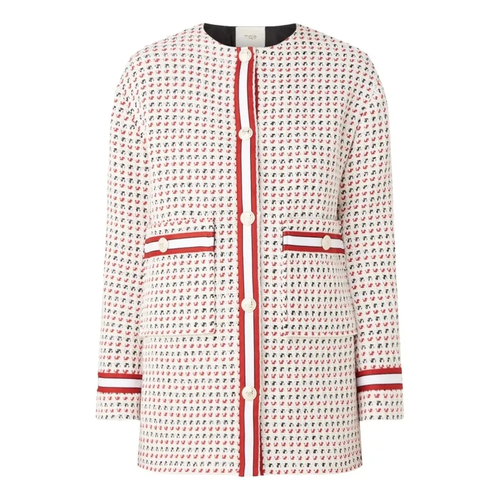 Maje Checked Cotton-Blend Tweed Jacket with Gold Crest Buttons - Picture 2 of 12